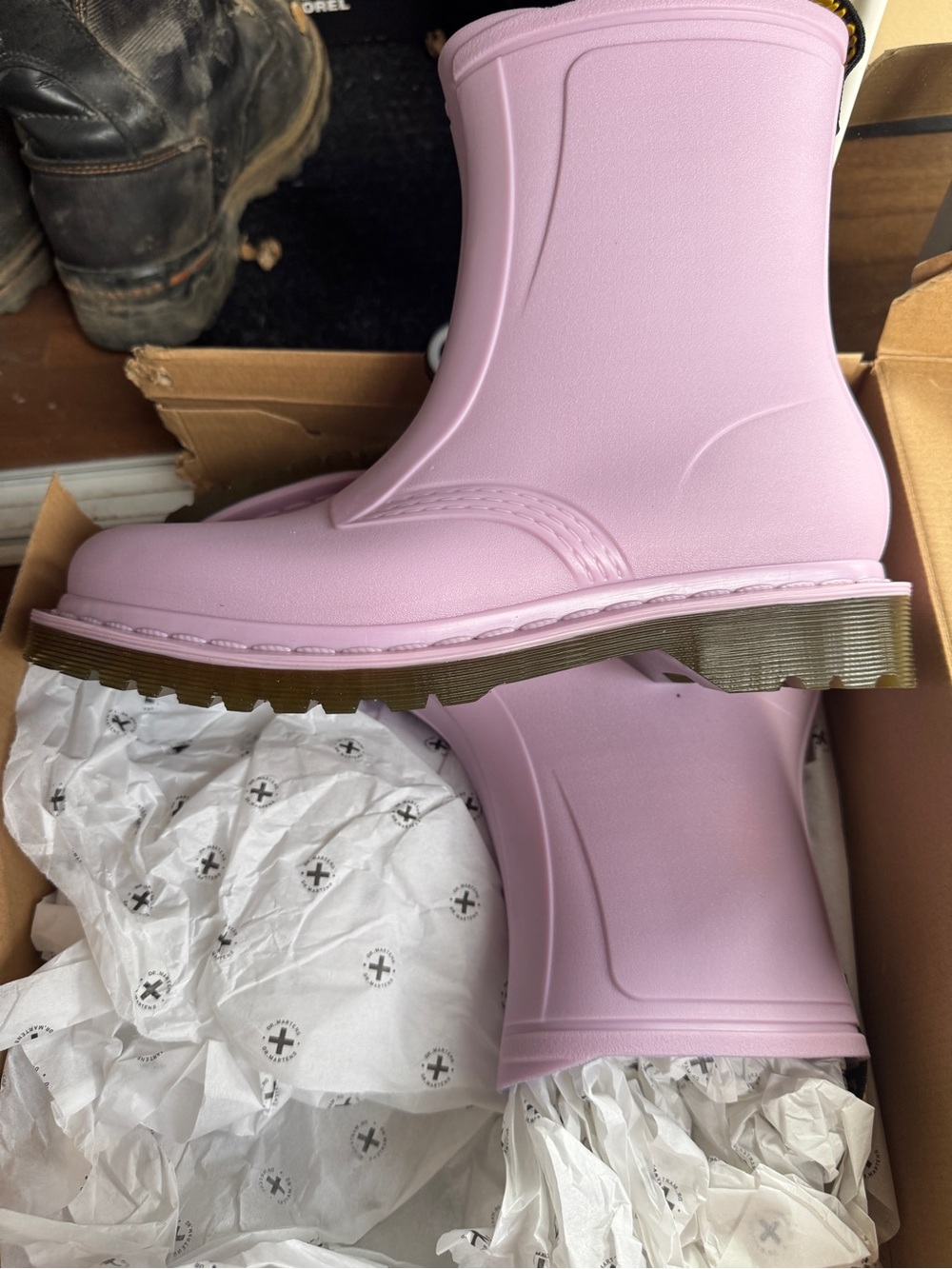 Dr. Martens Pastel Pink Women's Rain Boots with Black Pull Tabs